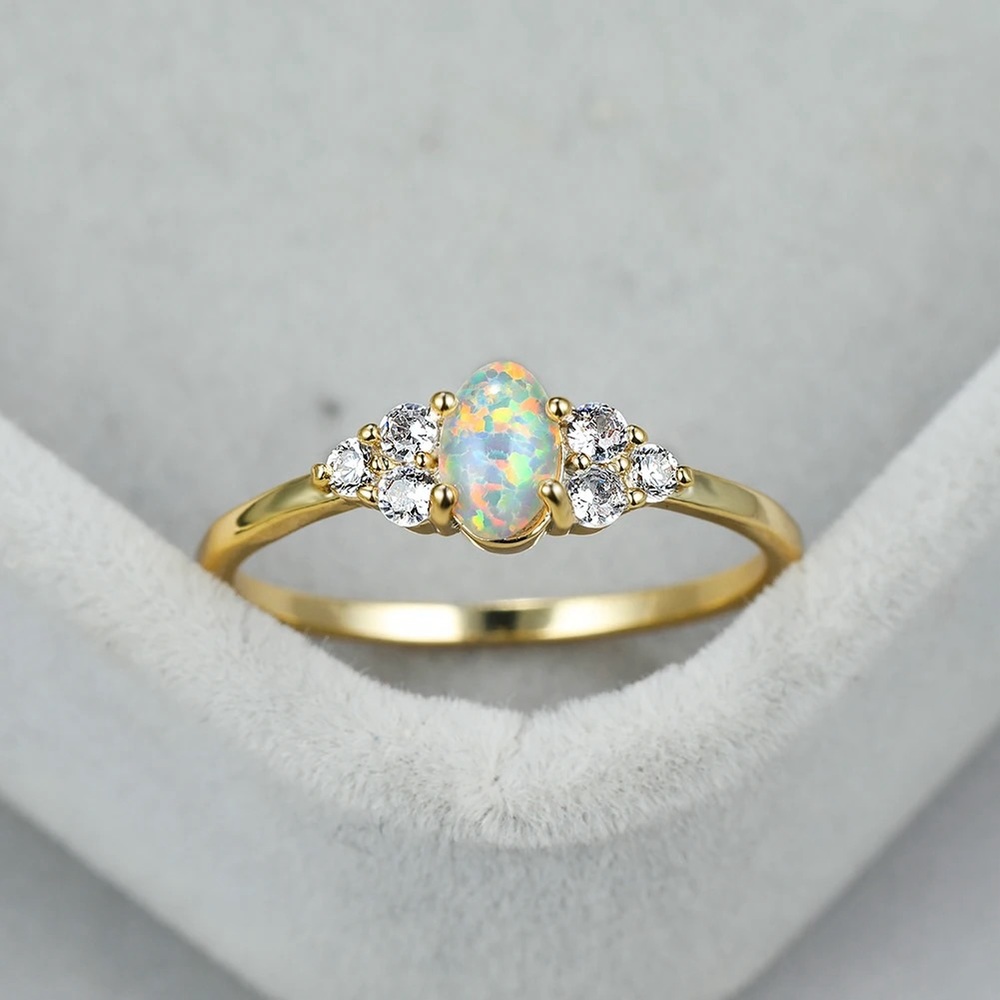 New: 18K Gold Vermeil Opal Gemstone CZ Stones Ring - Picture 1 of 12